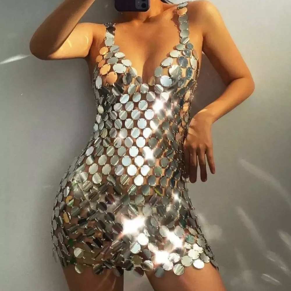 Mini Metal Sequin Chain Dress